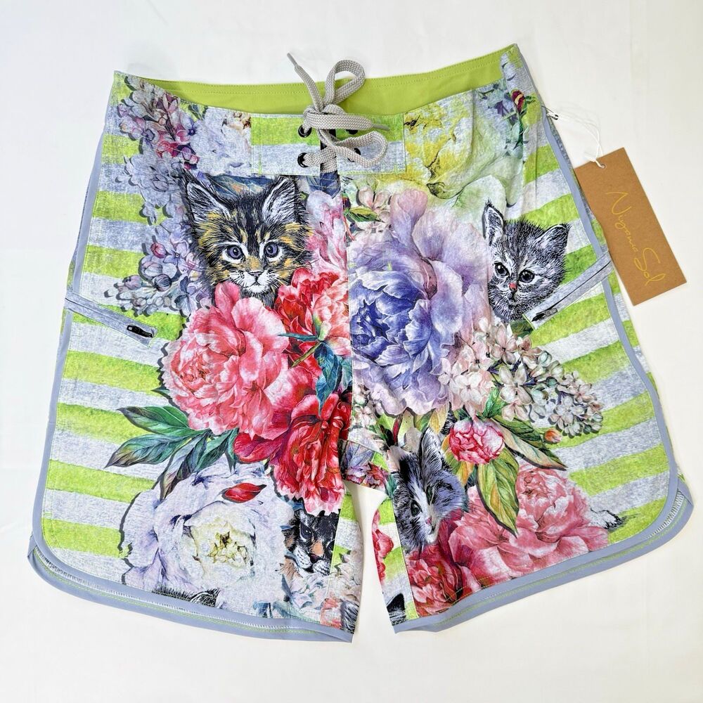 NWT Niyama Sol Swim Trunks Size 28 Cat Floral Print Board Shorts Zip Pockets
